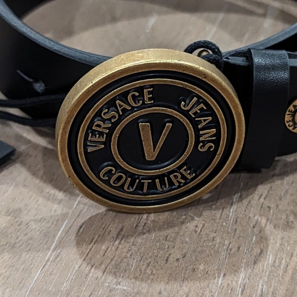 Mens VERSACE JEANS COUTURE Cuoio Mousse Leather Belt Black/Gold 90 US 35 - Picture 2 of 4